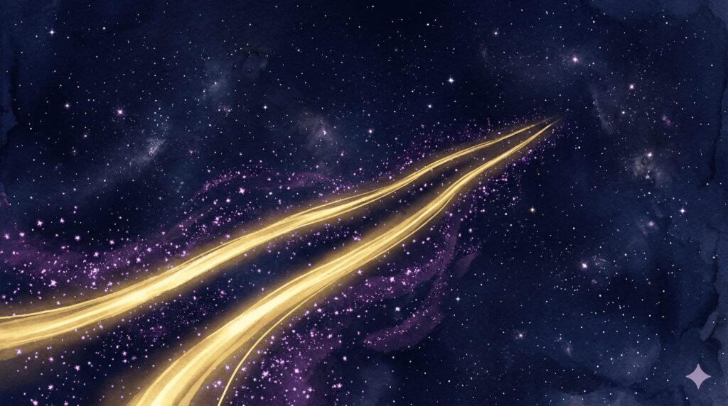 夜空の下で2つの光の軌跡が並走しながらも一定の距離を保つ射手座の恋愛の距離感を表した神秘的なイラスト