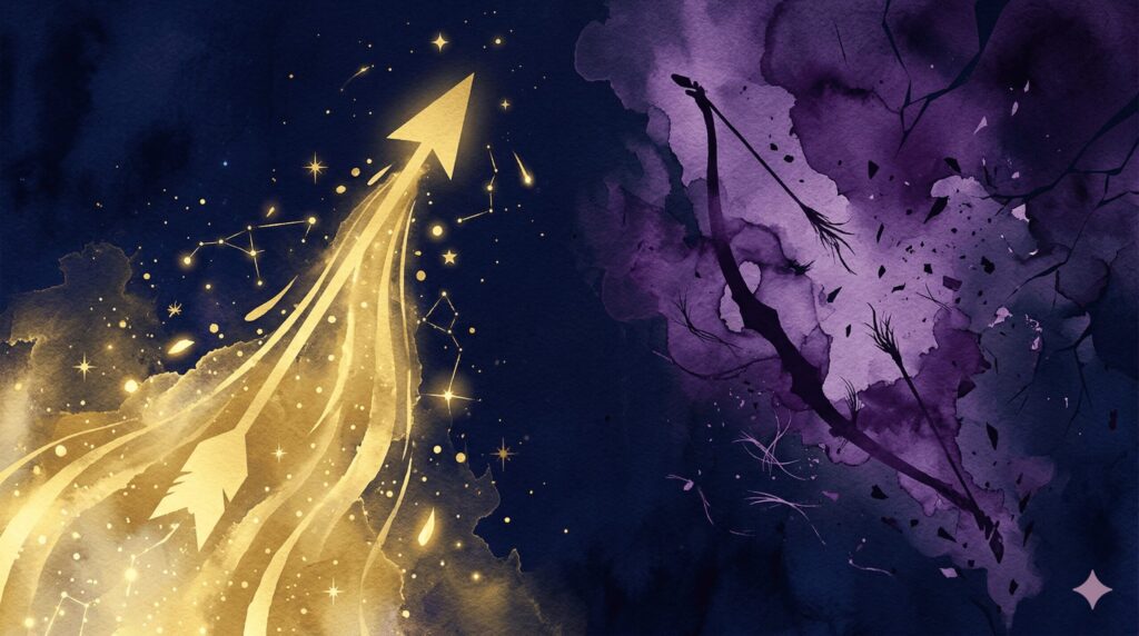 金色の弓矢が光に向かって伸びる射手座の長所と紫の影に引かれる短所を対比的に描いた神秘的なイラスト