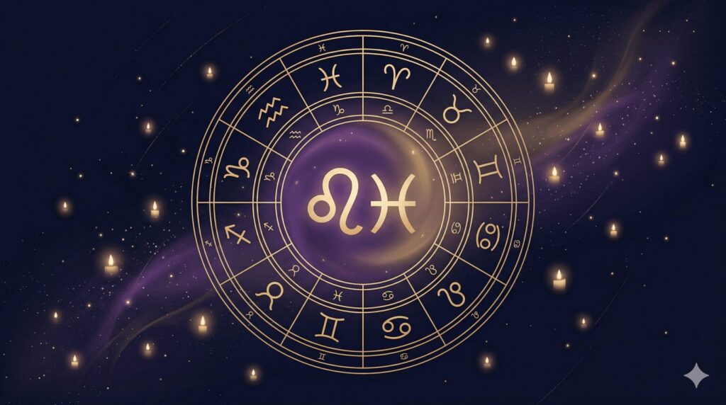 ホロスコープの輪の中で獅子座と魚座のシンボルが穏やかな光で包まれているイラスト