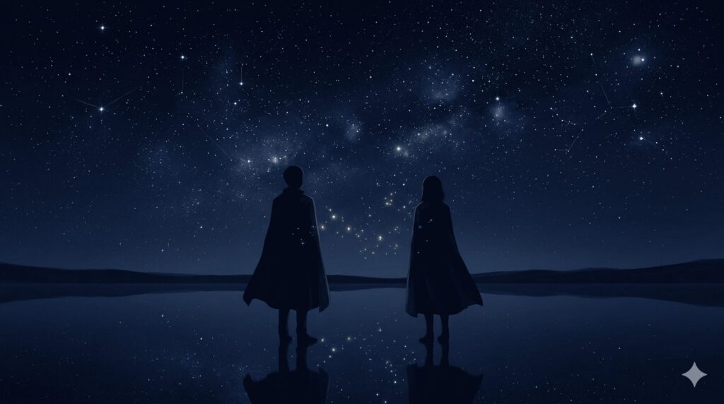 星空の下で2つのシルエットが距離を保ちながら並んでいるイラスト