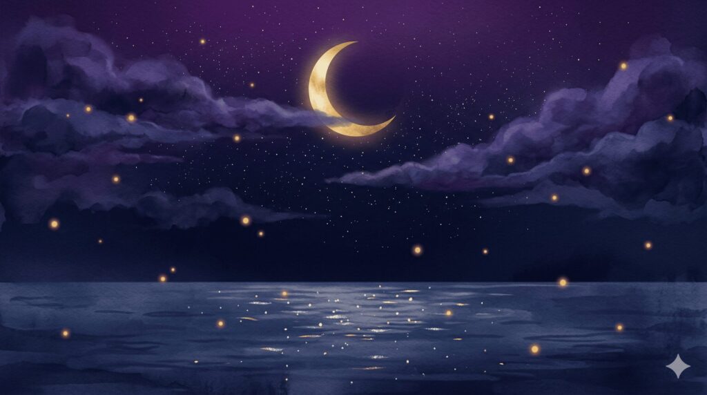 紫と深紺のグラデーションに月と警告の光が灯る乙女座の注意時期イラスト