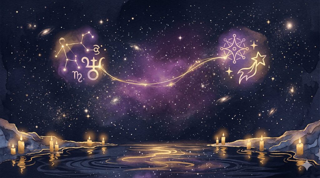 2つの星座シンボルが金色の糸で結ばれた乙女座の恋愛運イラスト