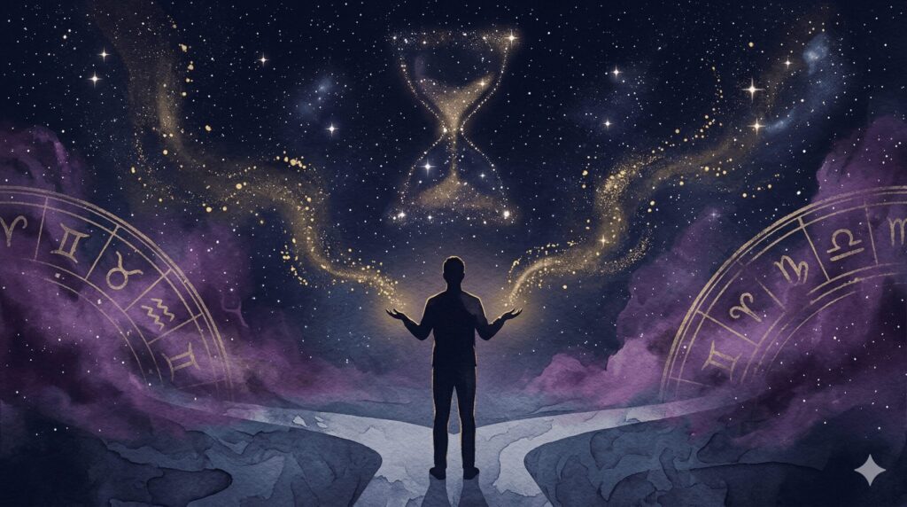 天秤と砂時計のシルエットが星空に浮かぶ乙女座の2026年総合運イラスト