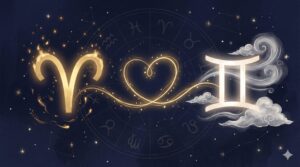 牡羊座のシンボルと双子座のシンボルが金色の光の糸で結ばれた神秘的なイラスト。深紺の背景に星が散りばめられている