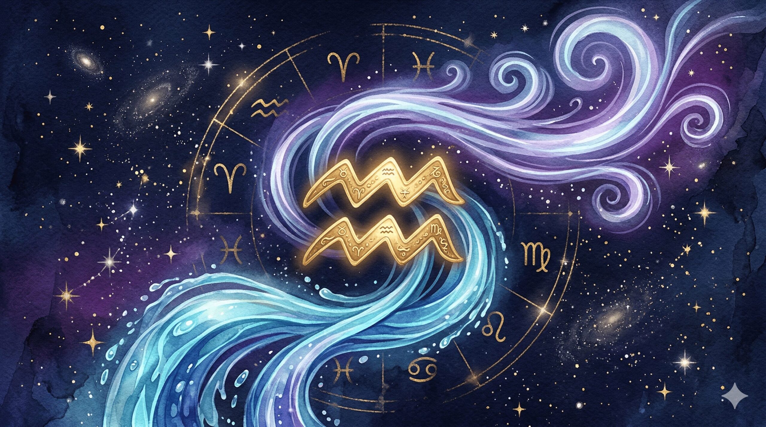 深紺の夜空に金色の水瓶座シンボルと風のモチーフが浮かぶ神秘的なイラスト