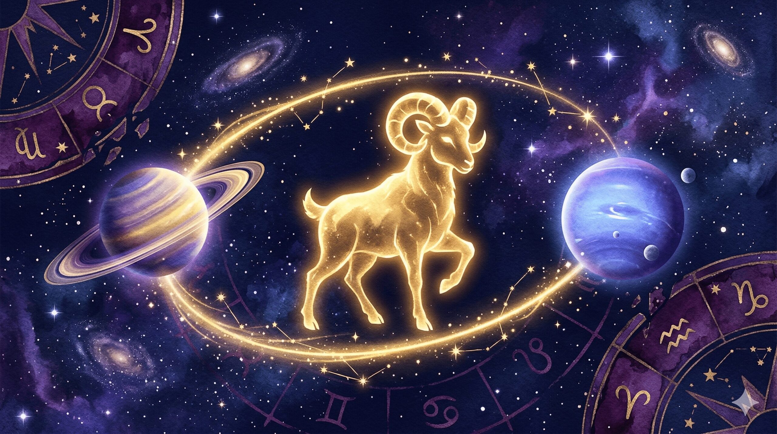 深紺の星空に金色の牡羊座シンボルと土星・海王星のモチーフが輝く2026年運勢イメージ