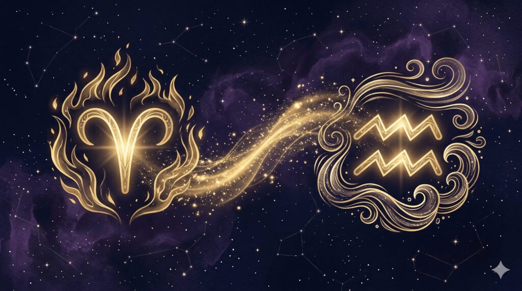 深紺の星空に金色の牡羊座シンボルと水瓶座シンボルが風と炎のモチーフとともに向かい合う神秘的なイラスト