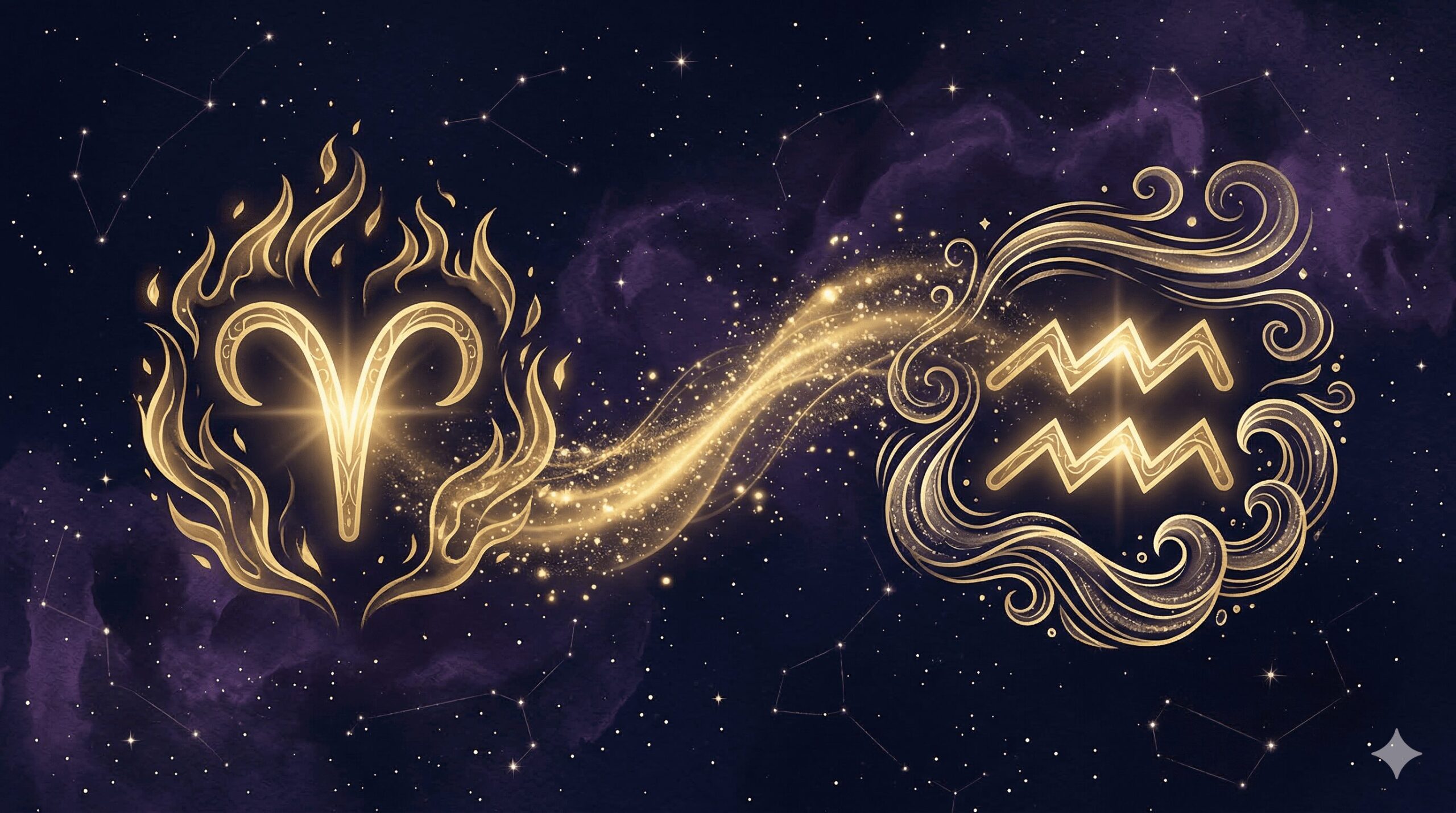 深紺の星空に金色の牡羊座シンボルと水瓶座シンボルが風と炎のモチーフとともに向かい合う神秘的なイラスト