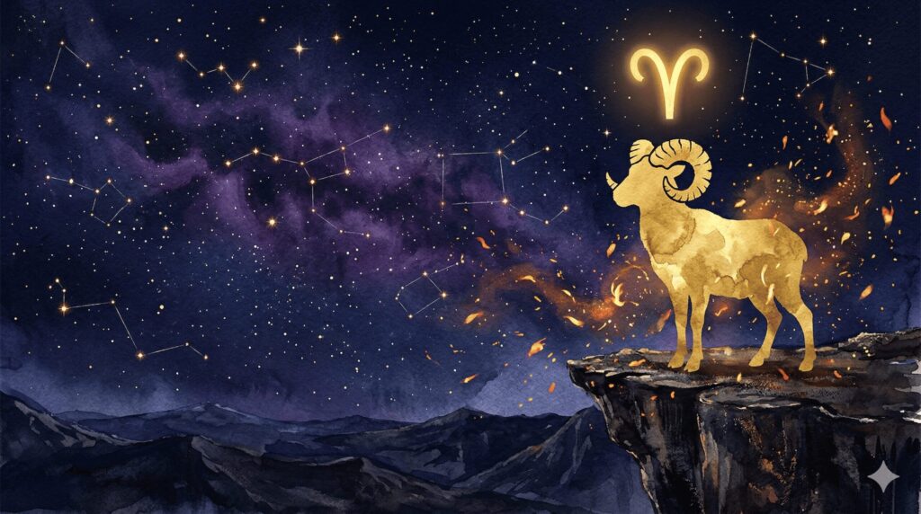 牡羊座のシンボルと星座を象徴する金色の牡羊のシルエットが深紺の星空に浮かぶイラスト