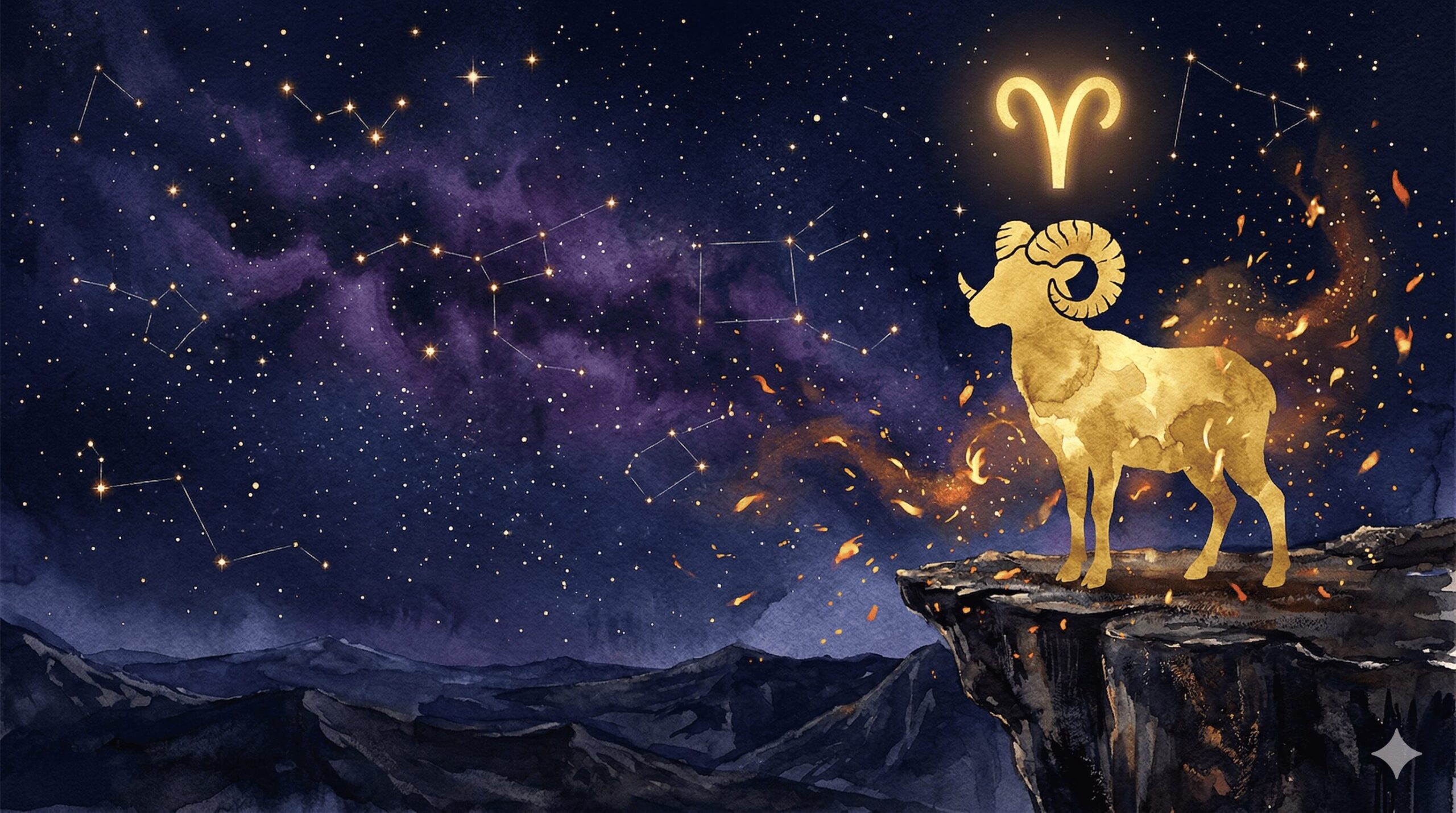 牡羊座のシンボルと星座を象徴する金色の牡羊のシルエットが深紺の星空に浮かぶイラスト