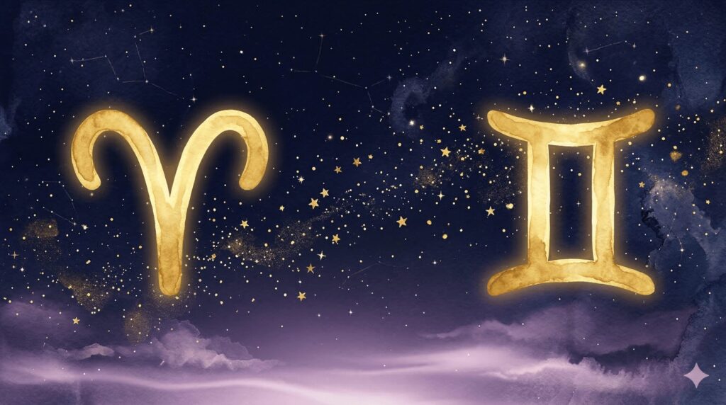 深紺の星空に金色の牡羊座シンボルと双子座シンボルが向かい合う構図の神秘的なイラスト