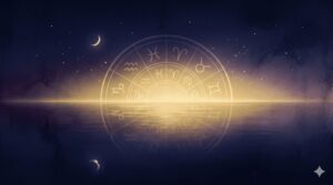 夜明け前の地平線から星座が昇る様子を描いた神秘的なイラスト