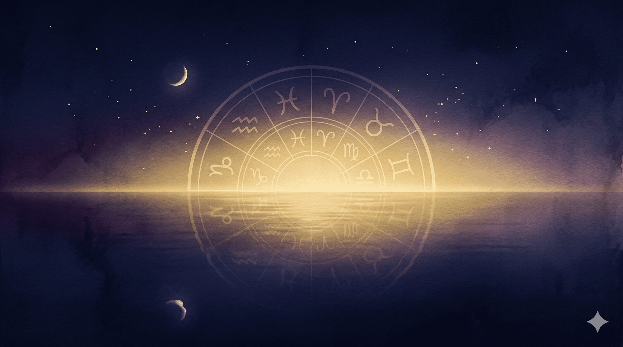 夜明け前の地平線から星座が昇る様子を描いた神秘的なイラスト