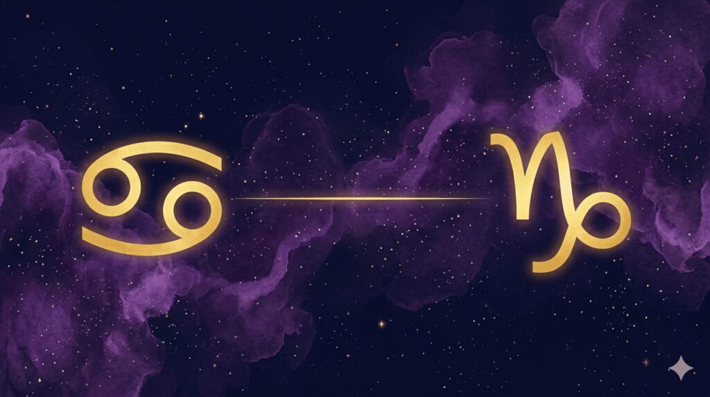 深紺の夜空に蟹座と山羊座のシンボルが金色に光り、紫の光の橋で結ばれた神秘的なイラスト