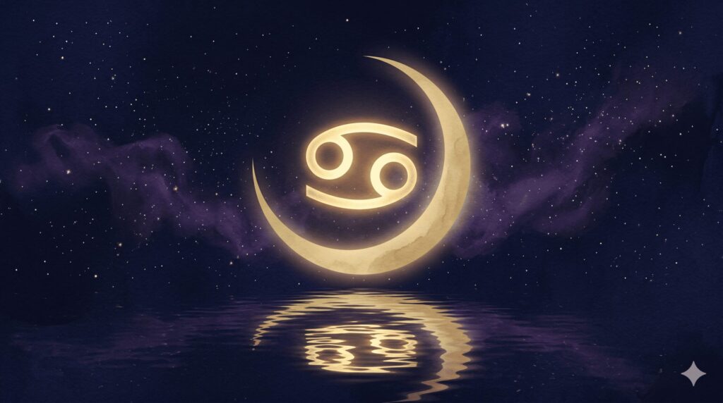 深紺の夜空に金色の蟹座シンボルと月のモチーフが浮かぶ神秘的なイラスト