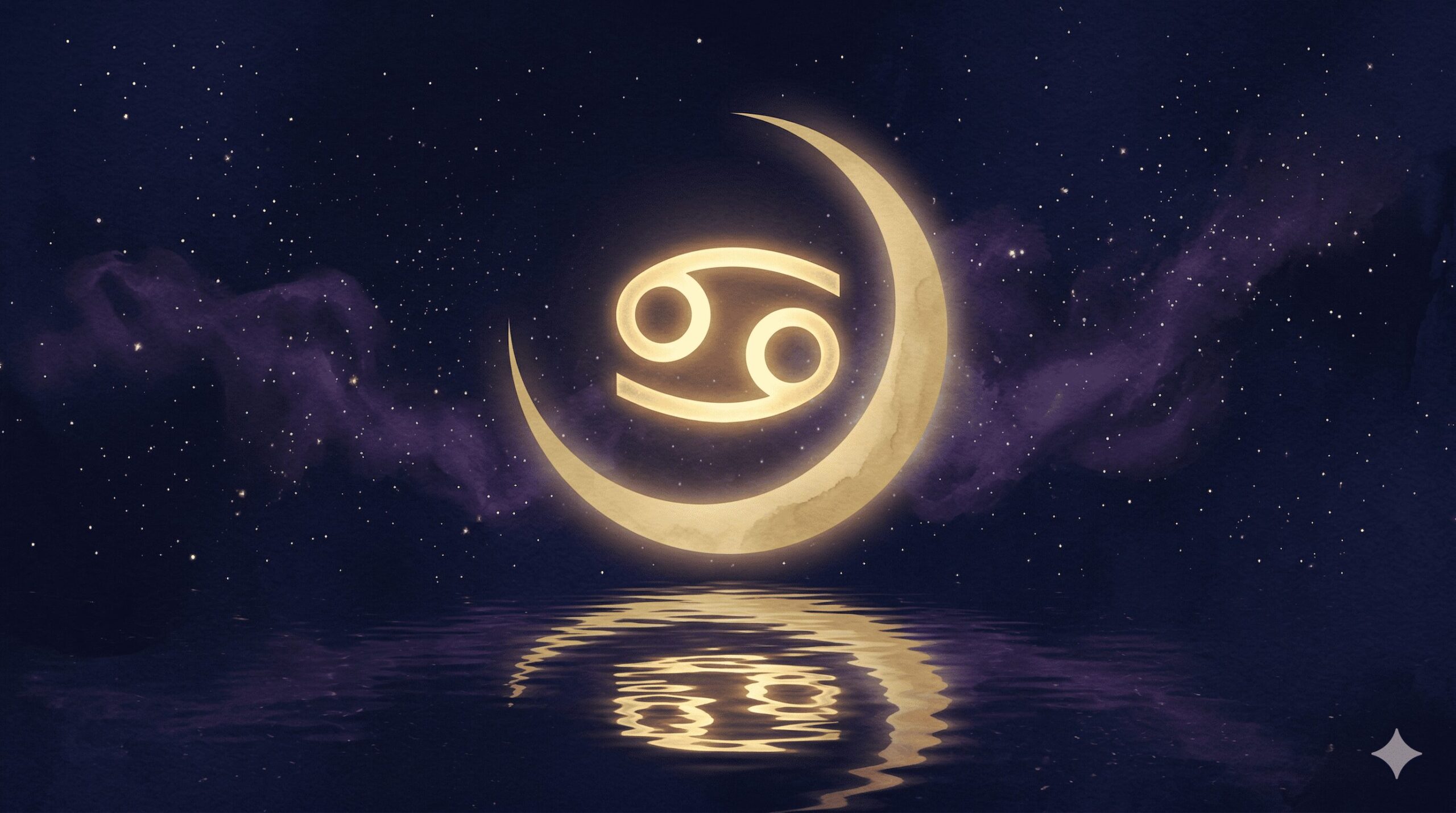 深紺の夜空に金色の蟹座シンボルと月のモチーフが浮かぶ神秘的なイラスト