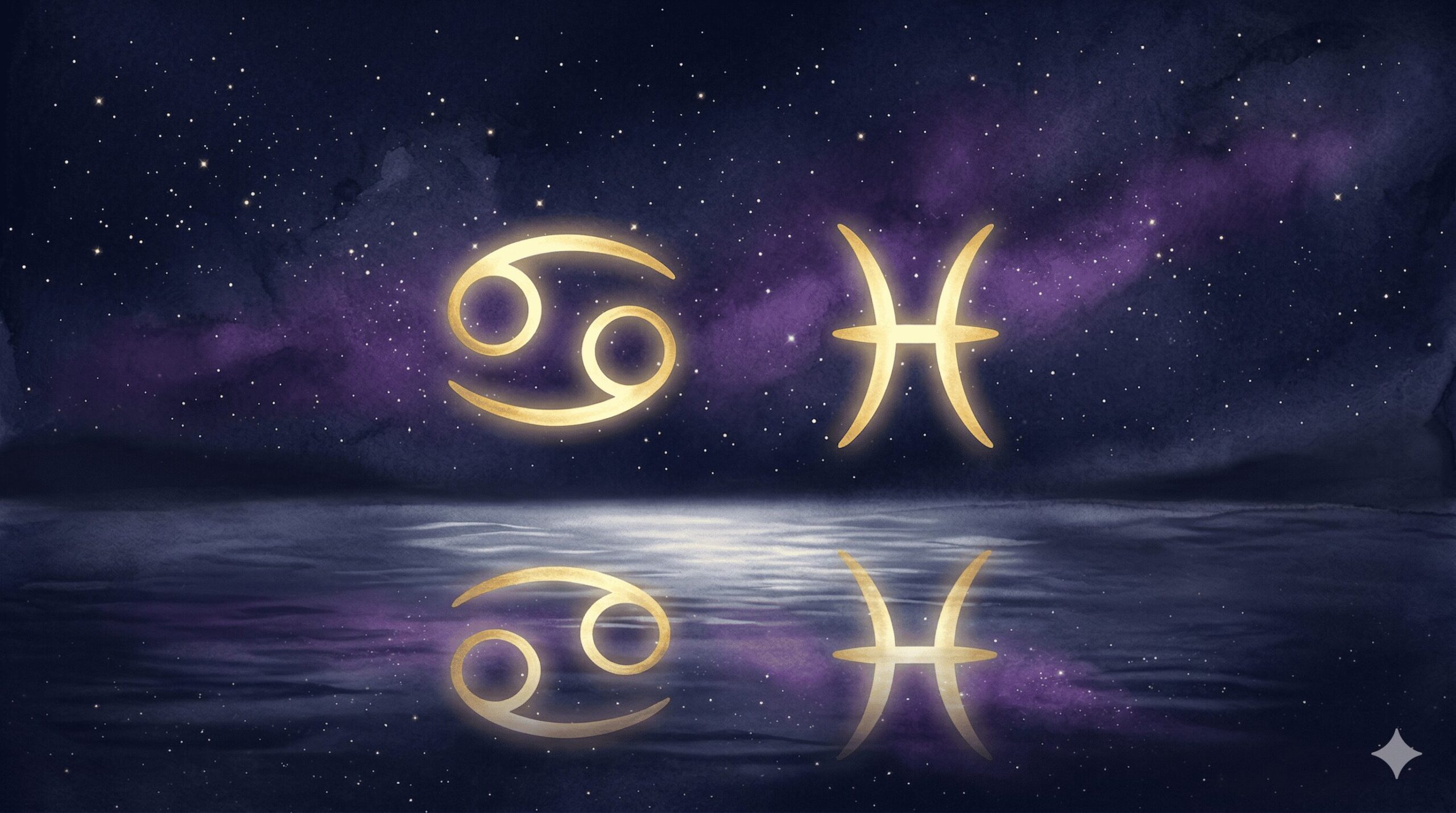 深紺の夜空に蟹座と魚座のシンボルが金色に光り、水面に映る神秘的なイラスト