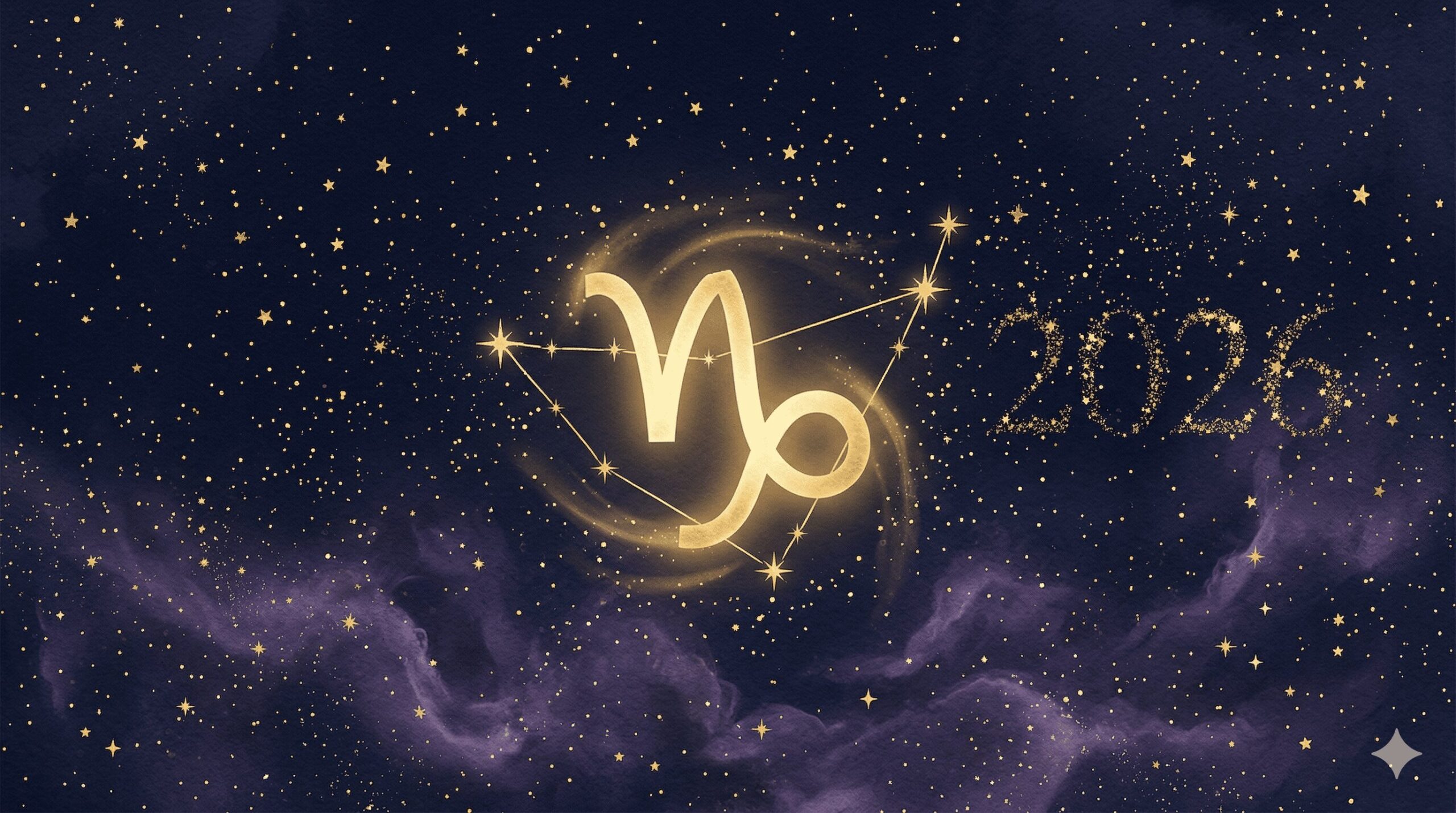 深紺の夜空に金色の山羊座シンボルと2026の数字が浮かぶ神秘的なイラスト