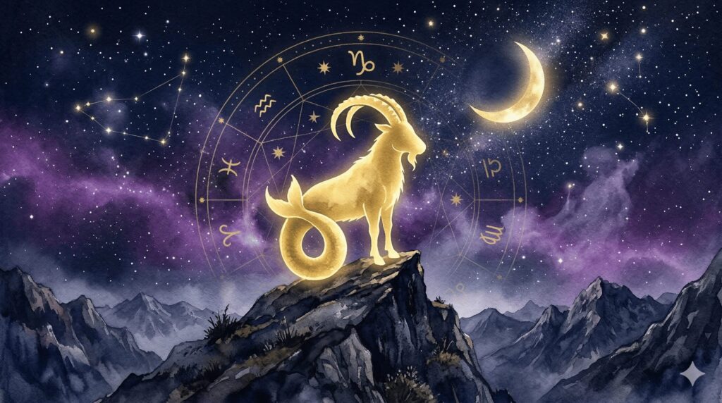 山羊座のシンボルと星空をイメージした神秘的なイラスト