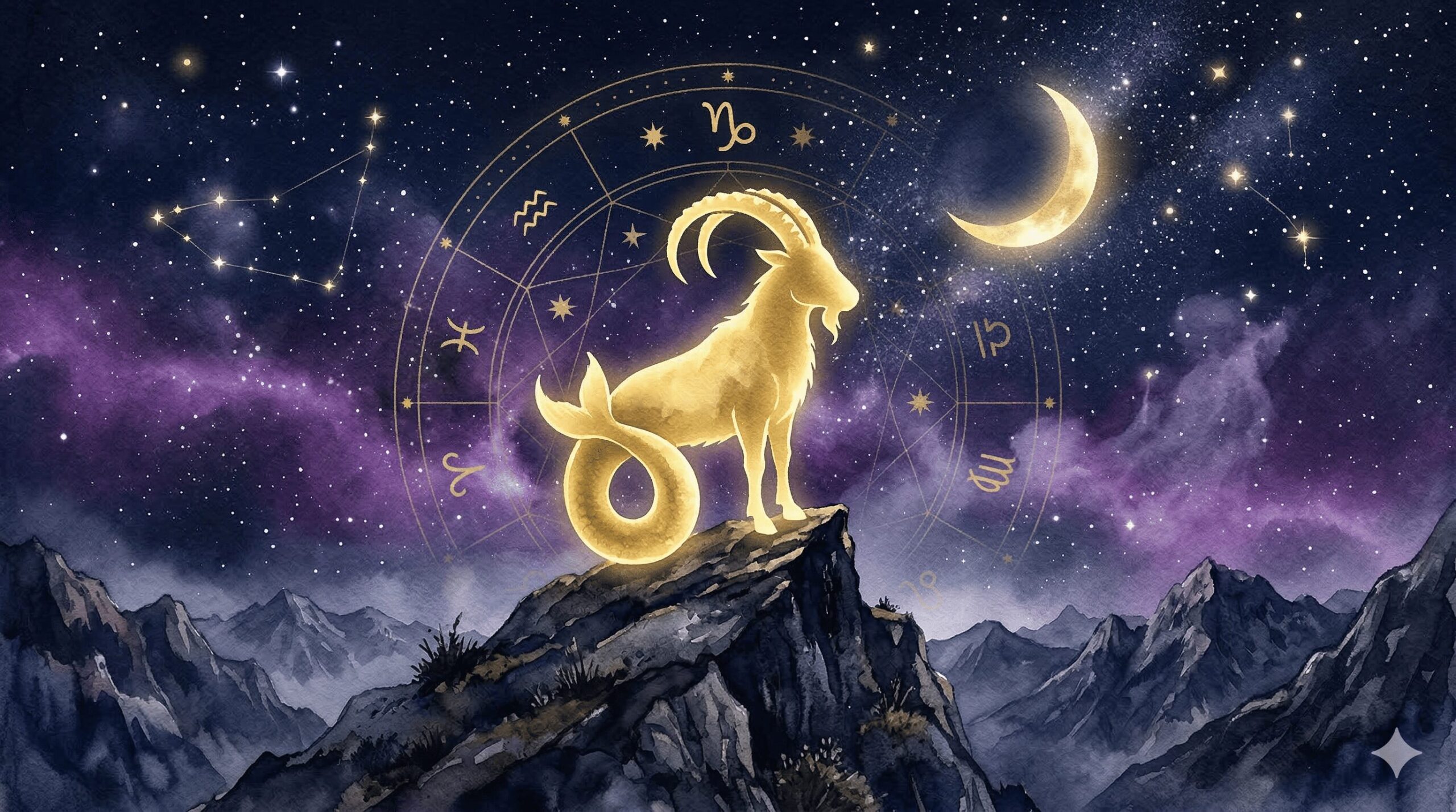 山羊座のシンボルと星空をイメージした神秘的なイラスト