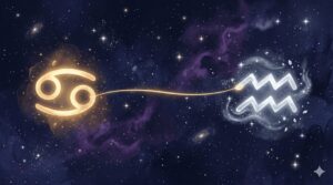 深紺の夜空に蟹座と水瓶座のシンボルが金色の糸でつながっている神秘的なイラスト