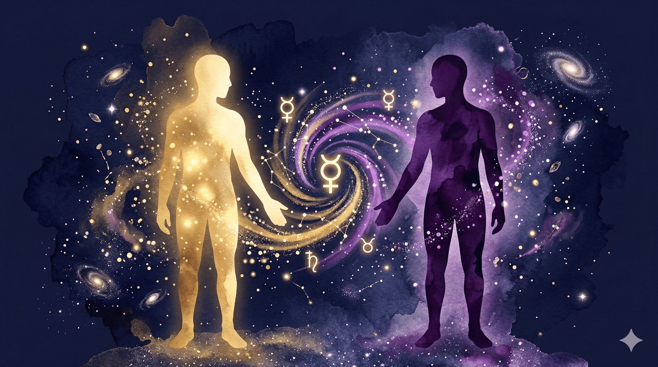 双子座のシンボルと星座を表す神秘的なイラスト。深紺の背景に金色の双子のシルエットとホロスコープが浮かぶ