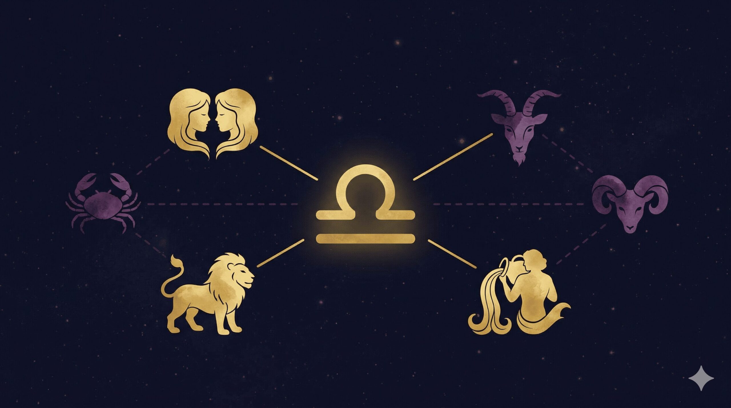 深紺の夜空に双子座シンボルが金色に輝き、二つの光の道が分岐する神秘的なイラスト