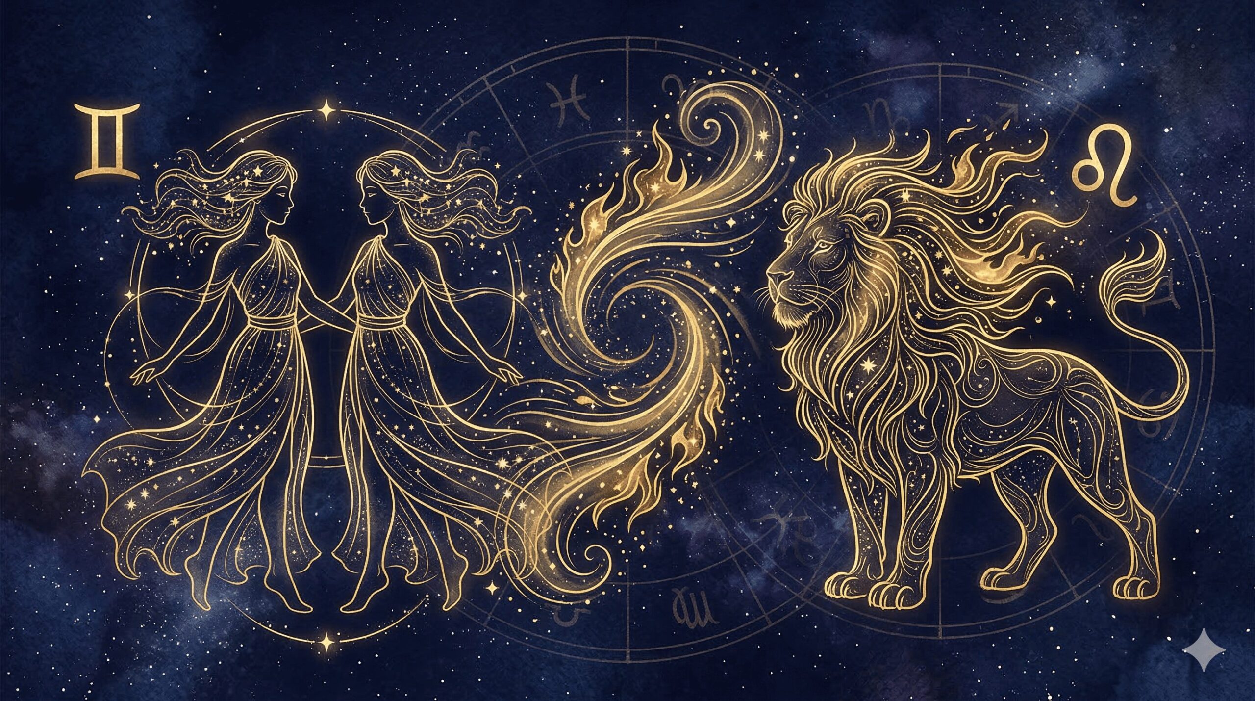 双子座と獅子座のシンボルが向かい合い風と火が交わる神秘的なイラスト