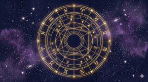 深紺の夜空に金色のホロスコープチャート（円形の天体配置図）と12星座のシンボルが浮かぶ神秘的なイラスト