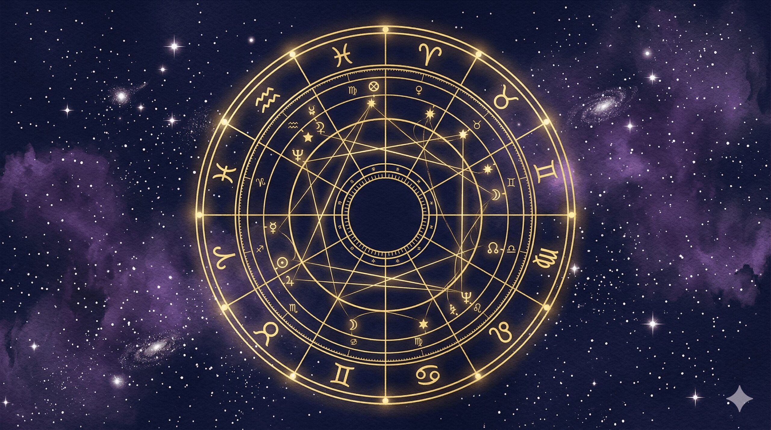 深紺の夜空に金色のホロスコープチャート（円形の天体配置図）と12星座のシンボルが浮かぶ神秘的なイラスト