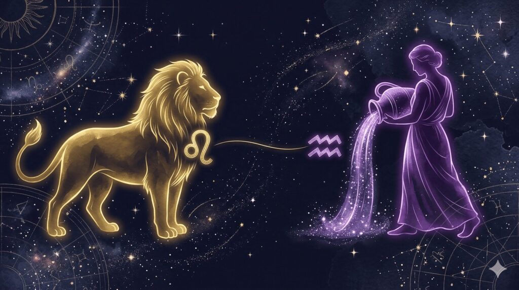 獅子座と水瓶座が向かい合う構図をシルエットと星座シンボルで表現した神秘的なイラスト