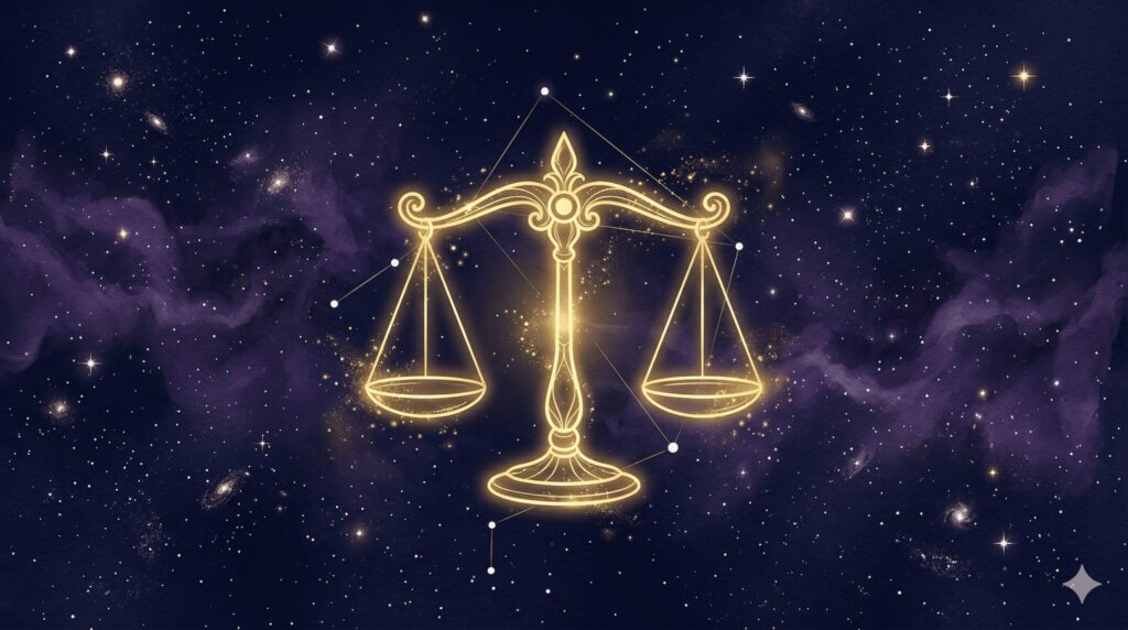 天秤座のシンボルと天秤のシルエットが金色に光る深紺の星空に浮かぶ神秘的なイラスト