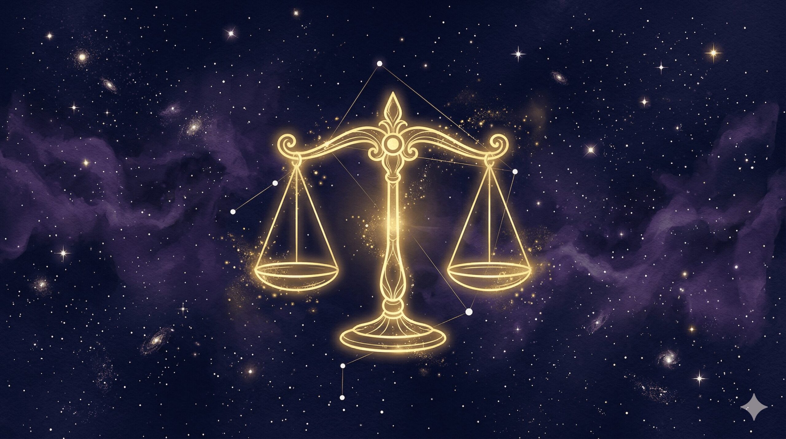 天秤座のシンボルと天秤のシルエットが金色に光る深紺の星空に浮かぶ神秘的なイラスト