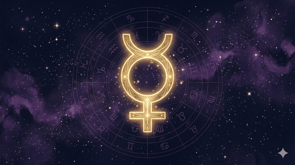 深紺の星空に水星のシンボル（☿）が金色に浮かぶ神秘的なイラスト