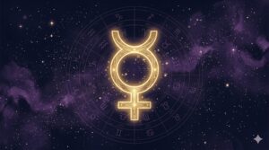 深紺の星空に水星のシンボル（☿）が金色に浮かぶ神秘的なイラスト