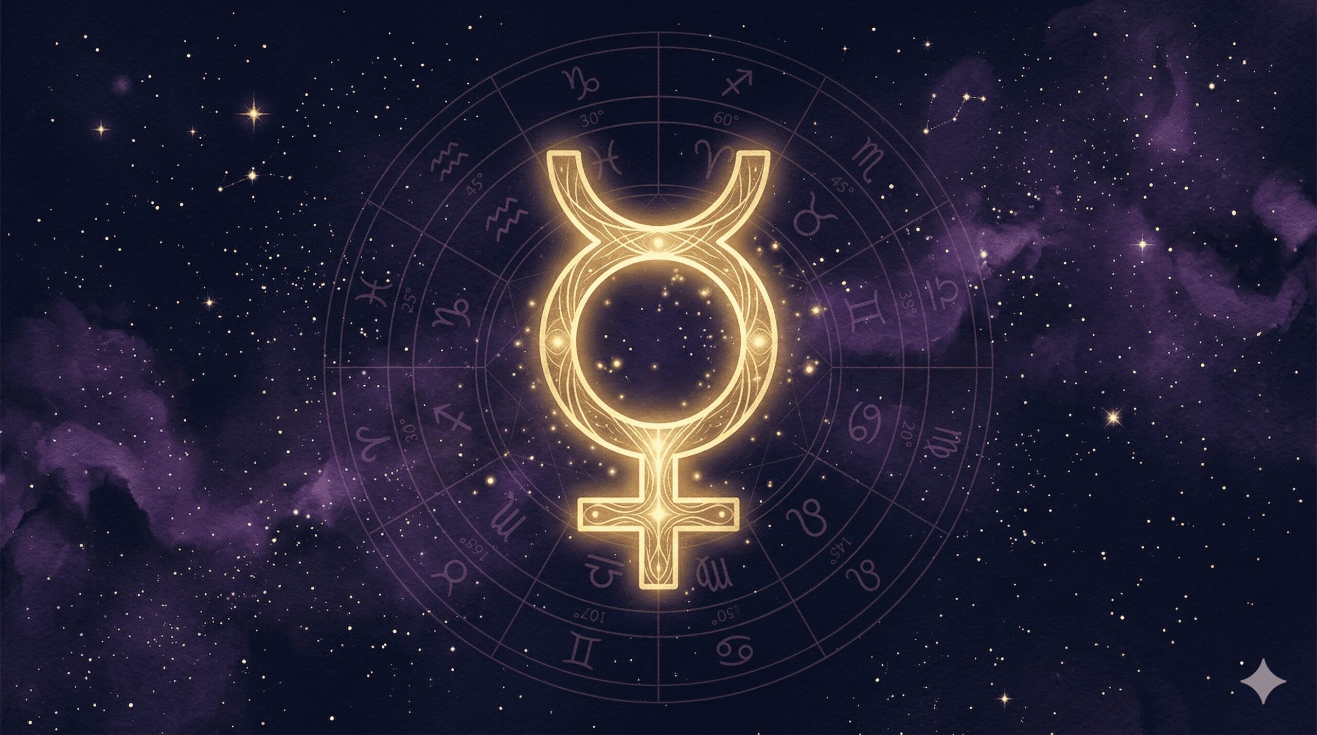 深紺の星空に水星のシンボル（☿）が金色に浮かぶ神秘的なイラスト