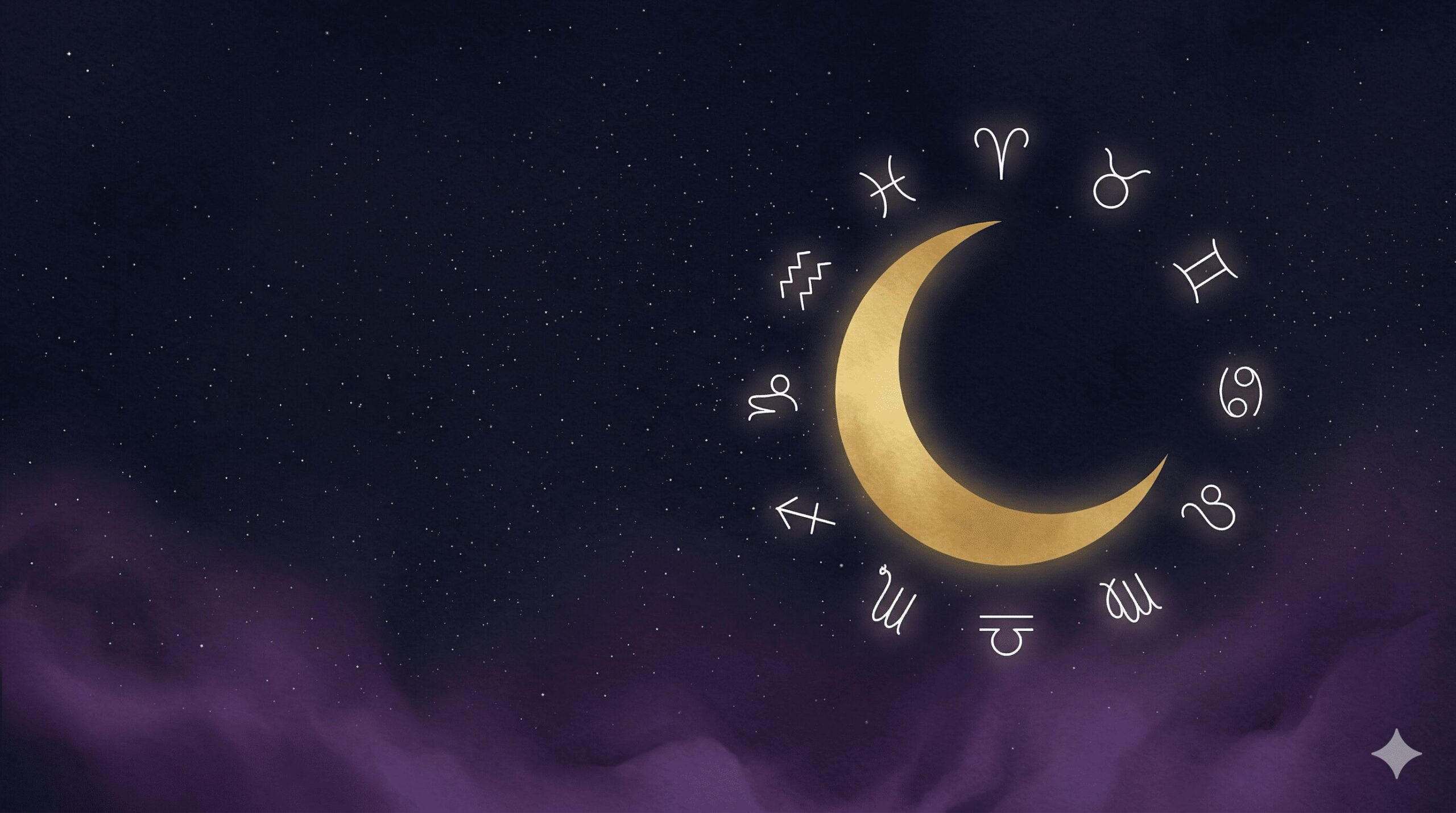 深紺の夜空に金色の三日月と12星座のシンボルが並ぶ神秘的なイラスト