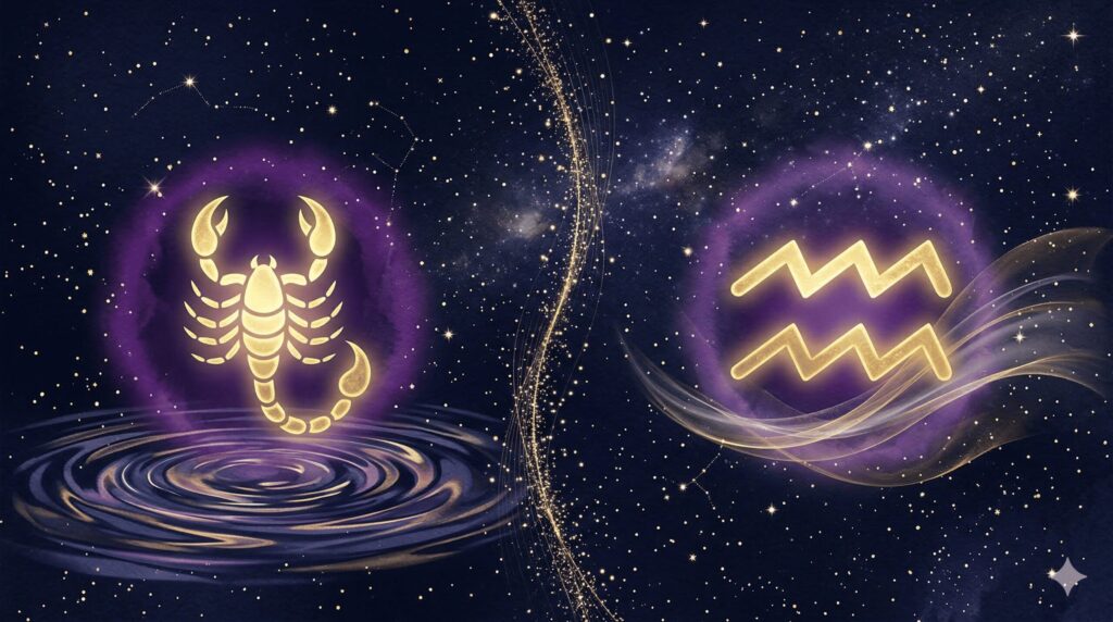 蠍座と水瓶座の星座シンボルが深紺の夜空に浮かぶ相性イメージ