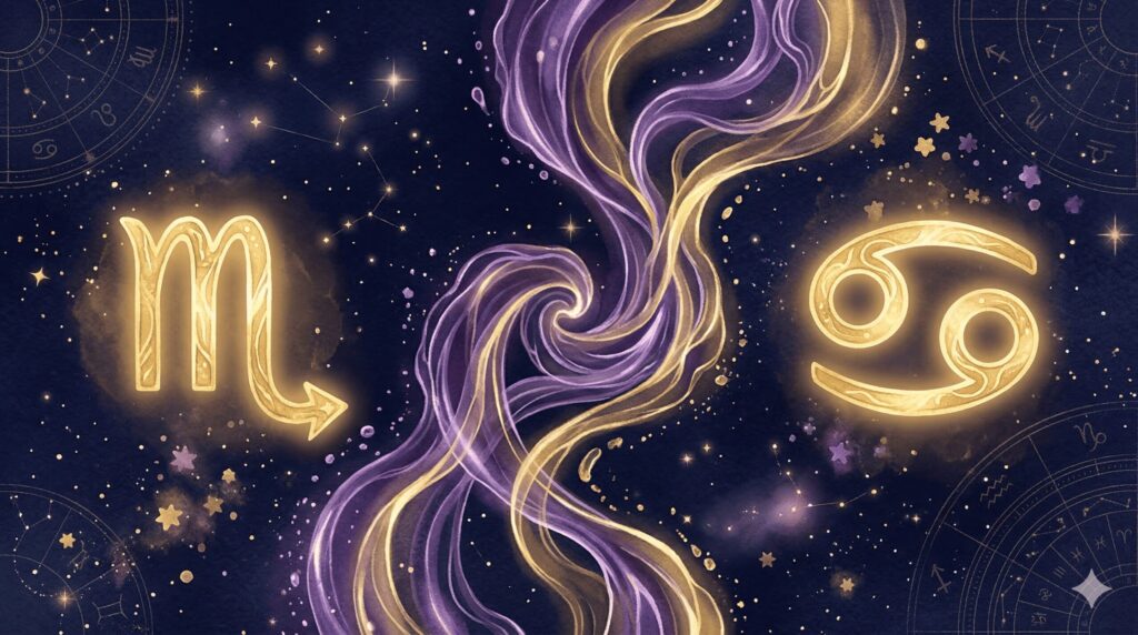 深紺の星空に蠍座と蟹座のシンボルが金色に輝く相性記事のアイキャッチ画像