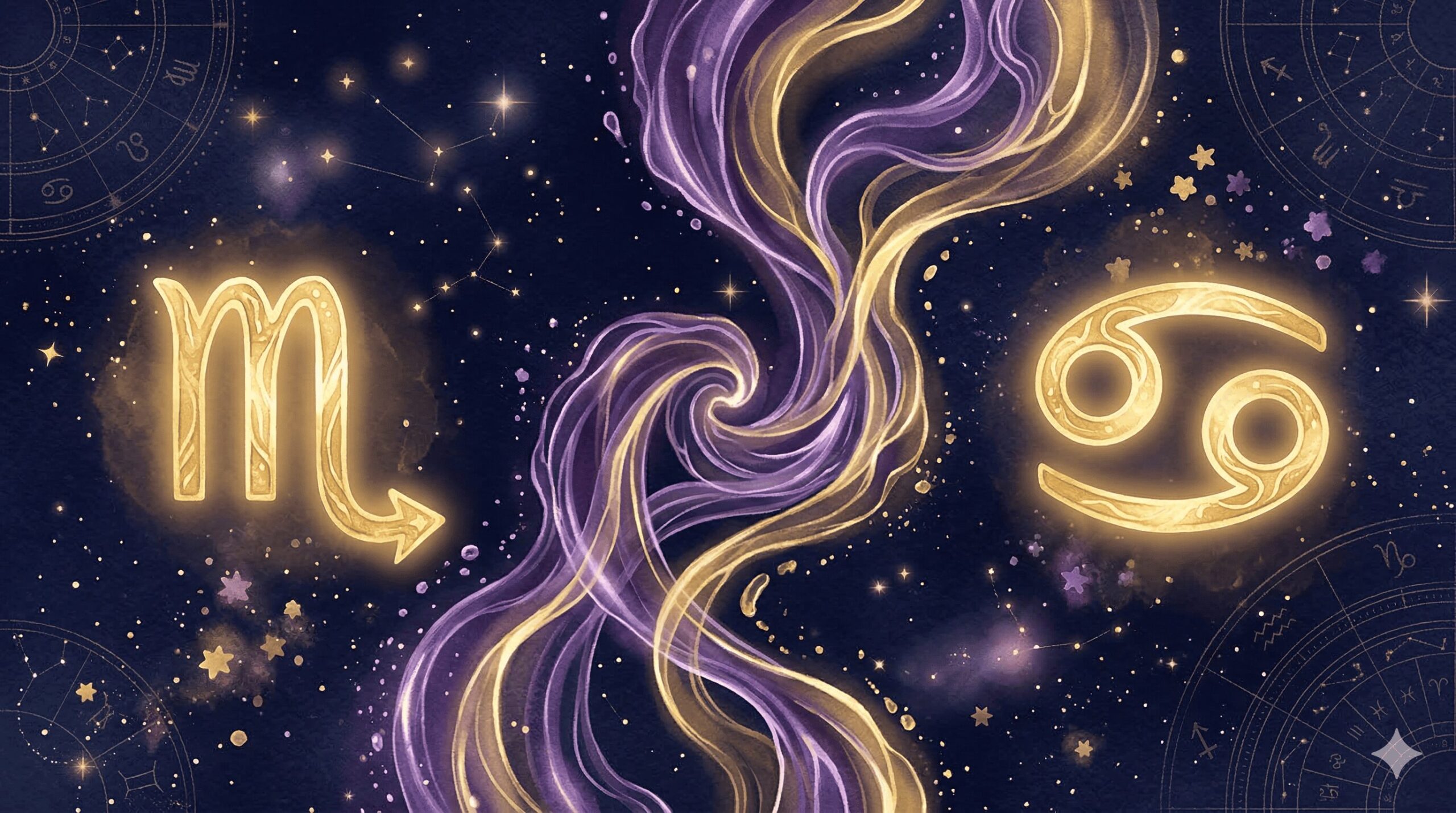 深紺の星空に蠍座と蟹座のシンボルが金色に輝く相性記事のアイキャッチ画像