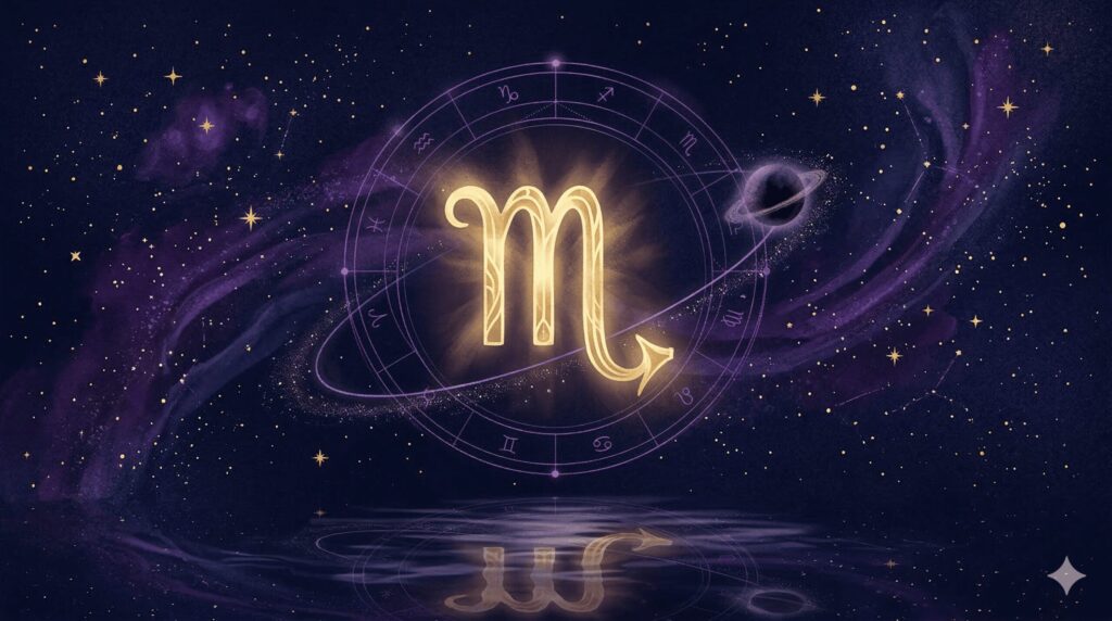 深紺の星空に金色の蠍座シンボルと冥王星のモチーフが浮かぶ神秘的なイラスト