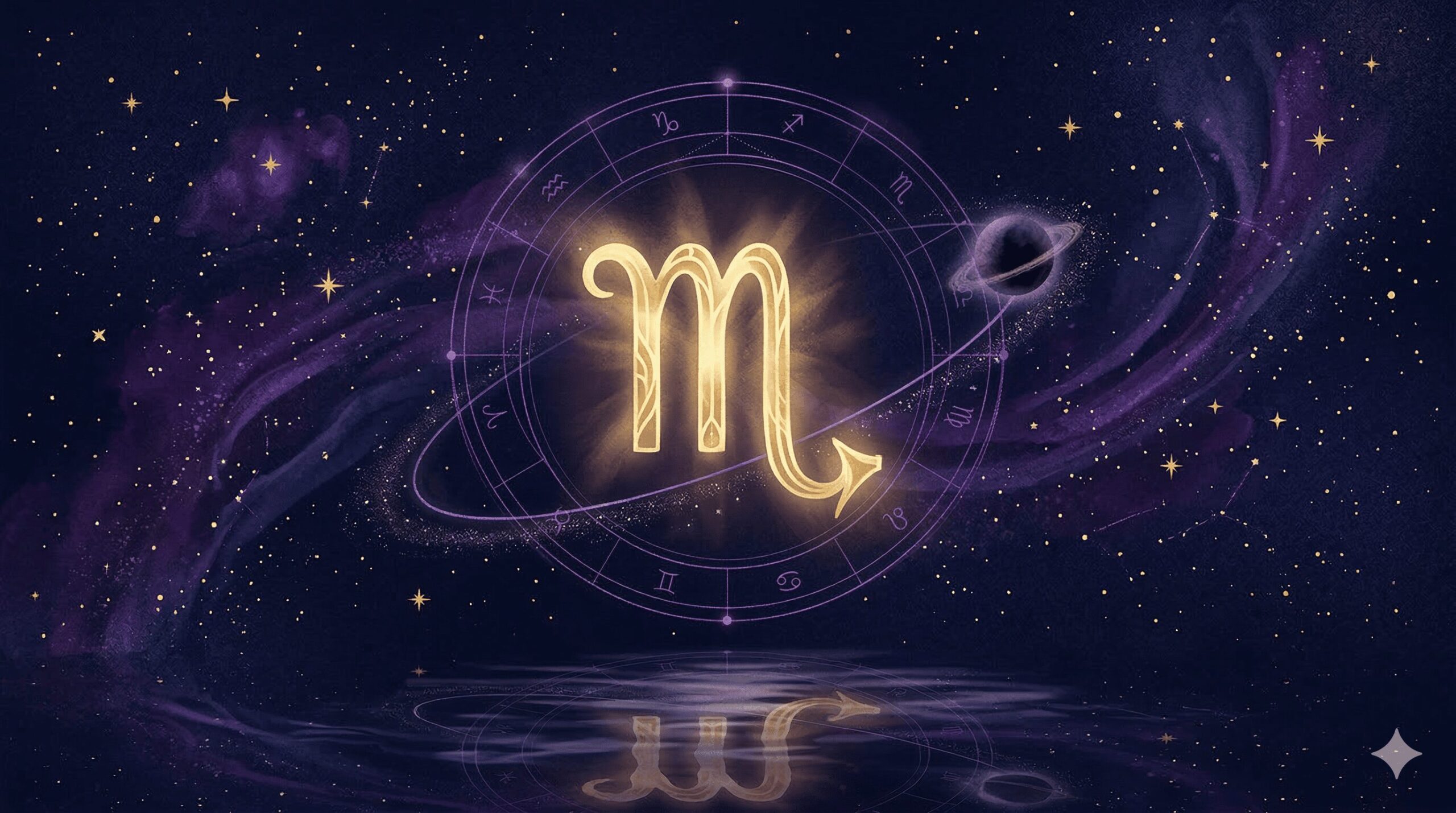 深紺の星空に金色の蠍座シンボルと冥王星のモチーフが浮かぶ神秘的なイラスト
