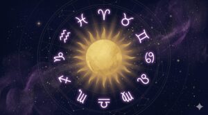 深紺の夜空に金色の太陽と12星座シンボルが並ぶ神秘的なイラスト