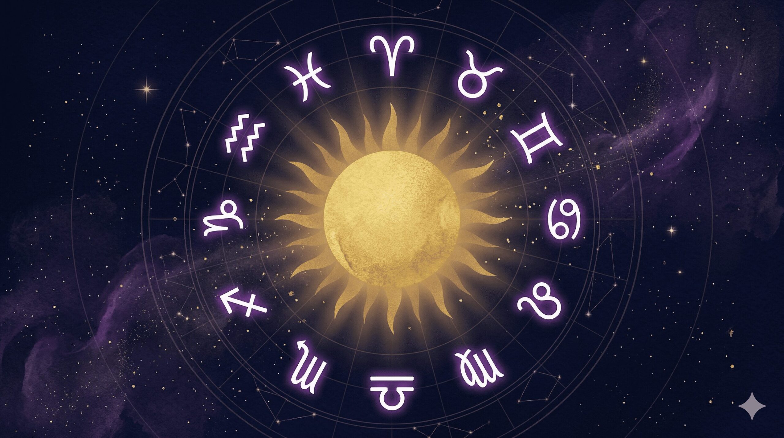 深紺の夜空に金色の太陽と12星座シンボルが並ぶ神秘的なイラスト