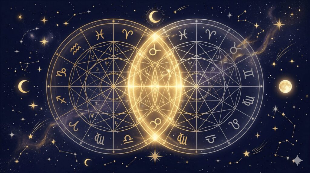深紺の夜空に2つのホロスコープが重なり合い金色に光る神秘的なイラスト