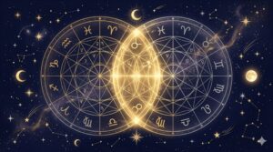 深紺の夜空に2つのホロスコープが重なり合い金色に光る神秘的なイラスト