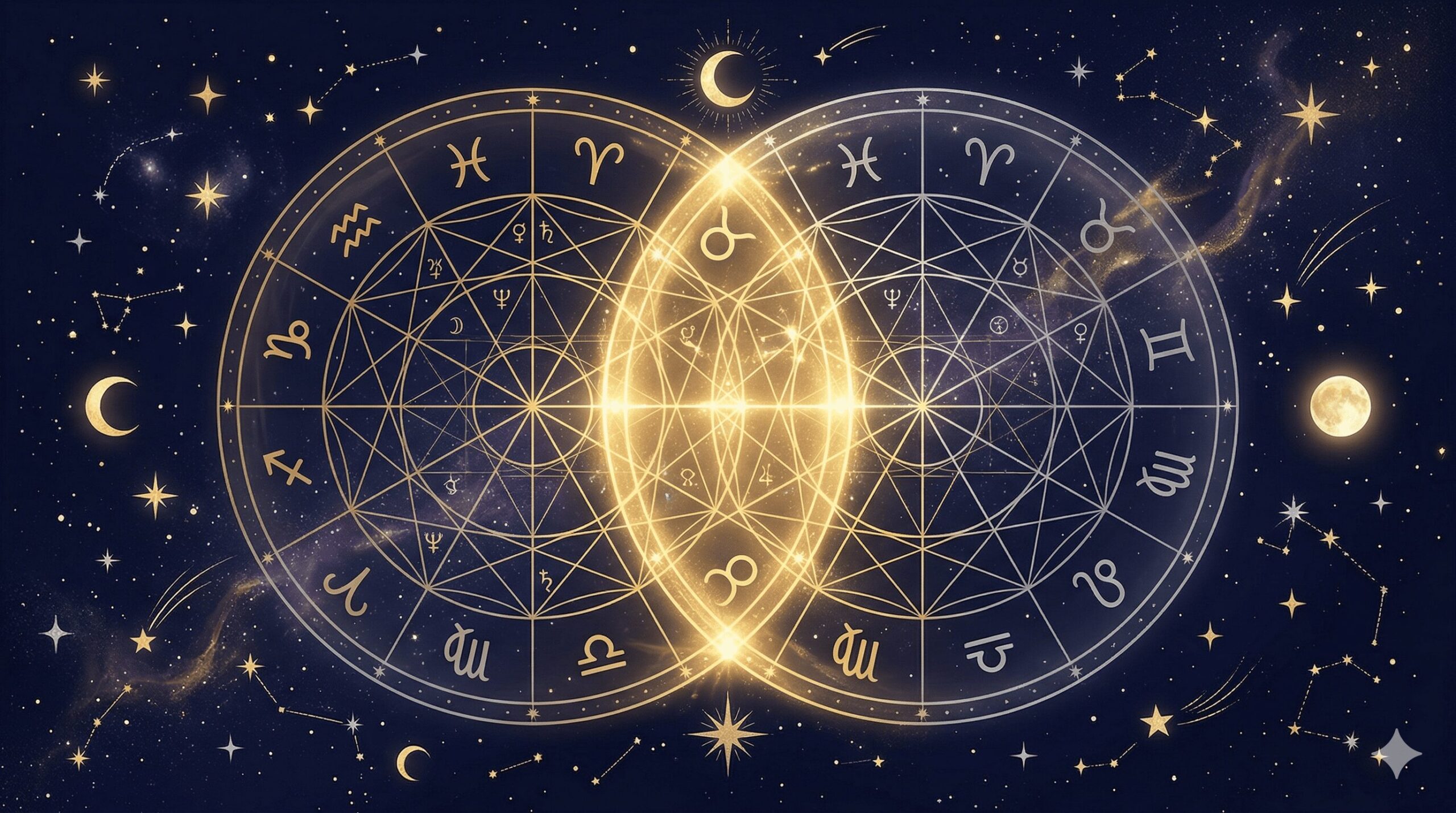 深紺の夜空に2つのホロスコープが重なり合い金色に光る神秘的なイラスト