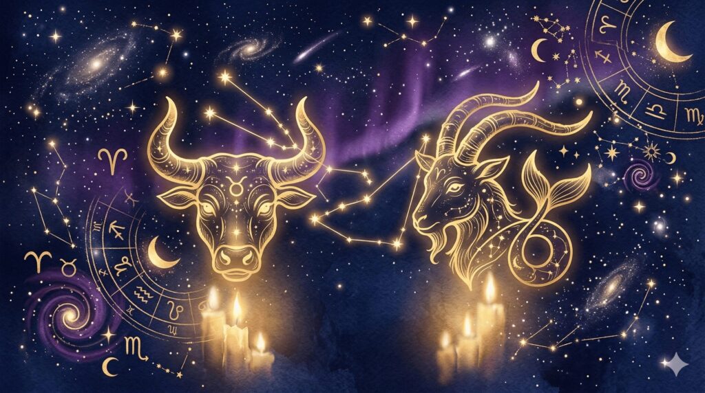 牡牛座と山羊座のシンボルが星空の下で向かい合う神秘的なイラスト