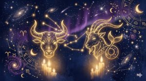 牡牛座と山羊座のシンボルが星空の下で向かい合う神秘的なイラスト