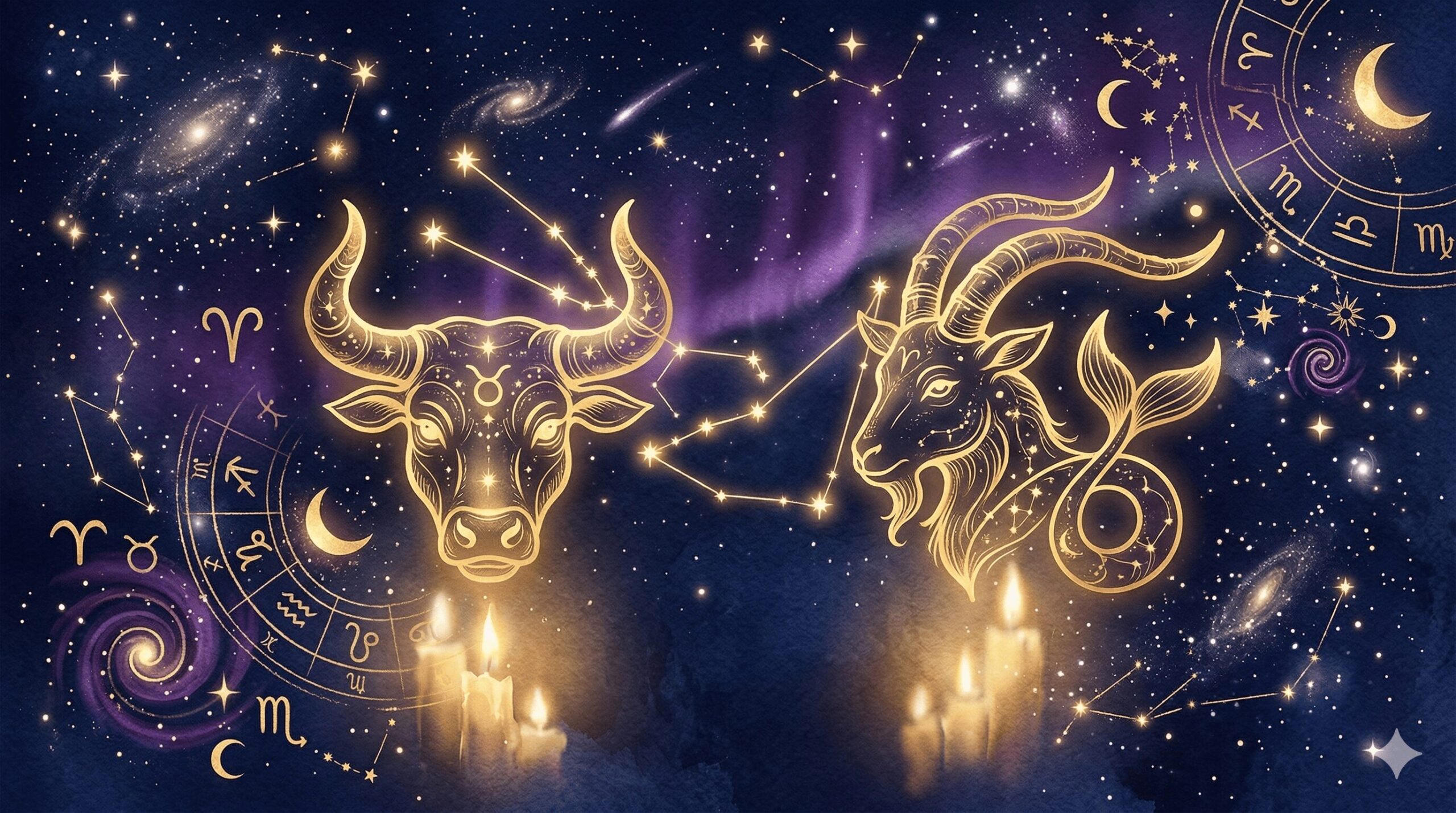 牡牛座と山羊座のシンボルが星空の下で向かい合う神秘的なイラスト